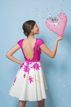 A-line V-Neck Lace Short Prom Dresses with Cap Sleeves