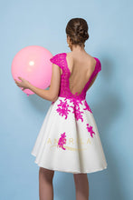 A-line V-Neck Lace Short Prom Dresses with Cap Sleeves
