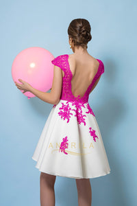 A-line V-Neck Lace Short Prom Dresses with Cap Sleeves
