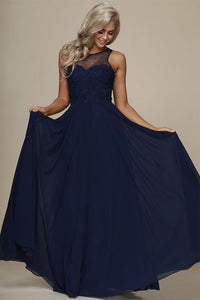 Charming A-line Sleeveless Lace Applique Beading Long Prom Dresses