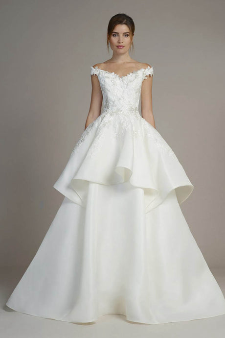 Silk Off-the-Shoulder Ball Gown Wedding Dresses with Lace Appliques