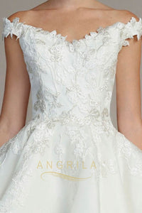 Silk Off-the-Shoulder Ball Gown Wedding Dresses with Lace Appliques