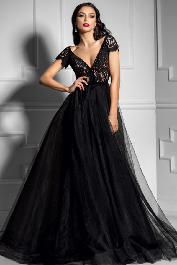Black V-Neck Prom Dresses with Sleeves Main image
