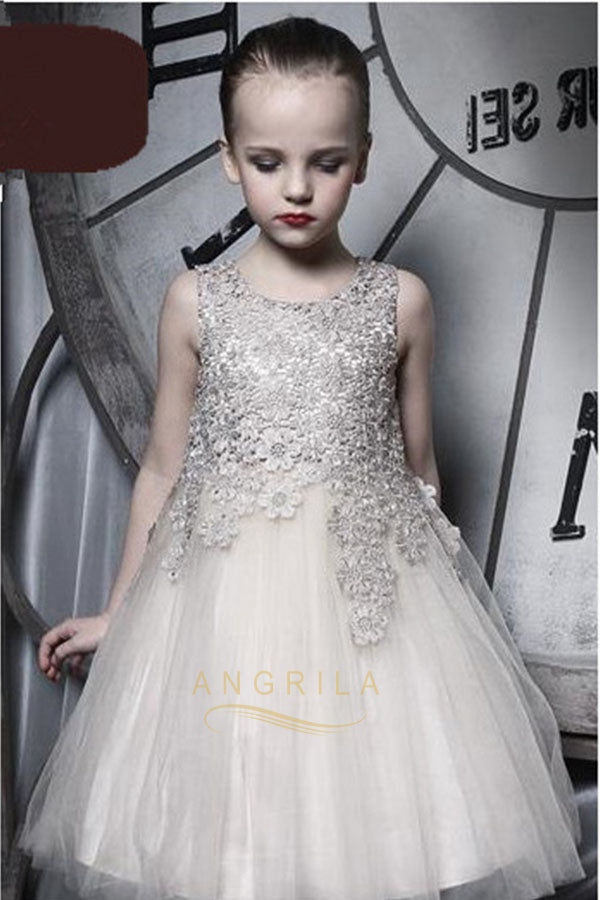 A-line/Princess Sleeveless Lace Applique Knee-length Flower Girl Dresses
