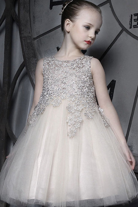 A-line/Princess Sleeveless Lace Applique Knee-length Flower Girl Dresses