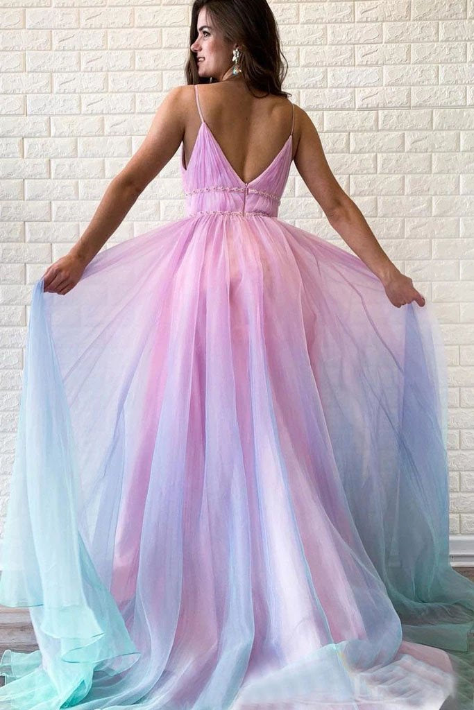 Low-Back Plunging Tulle A-Line Prom Dress