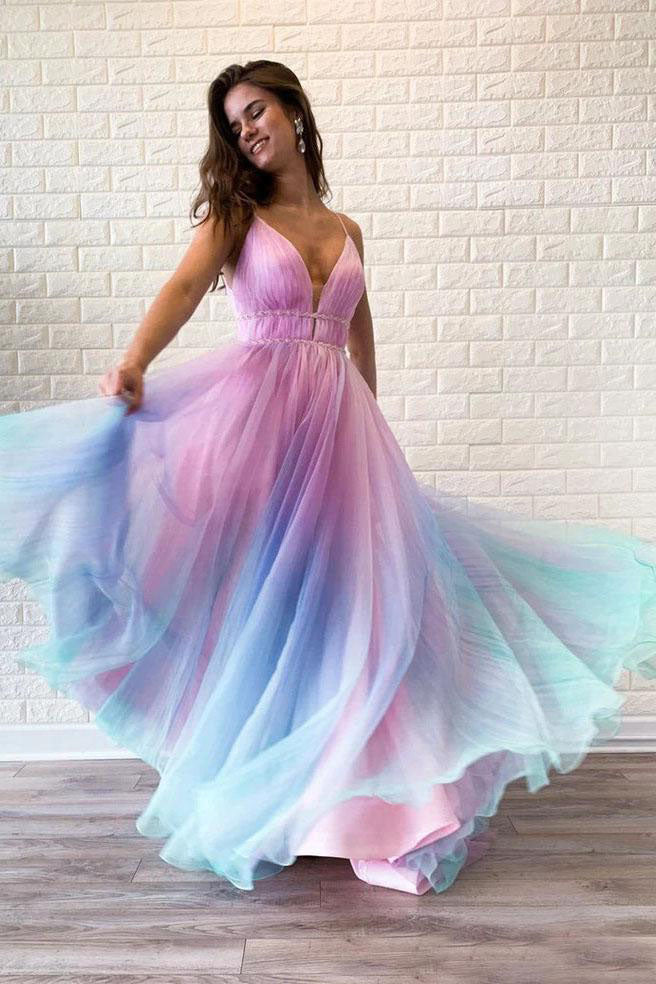 Ombre Spaghetti Straps Sleeveless A Line Prom Dress/ Custom