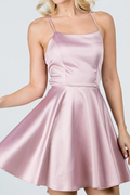 Pink Lace-Up Square-Neck Satin A-Line Mini Homecoming Dress