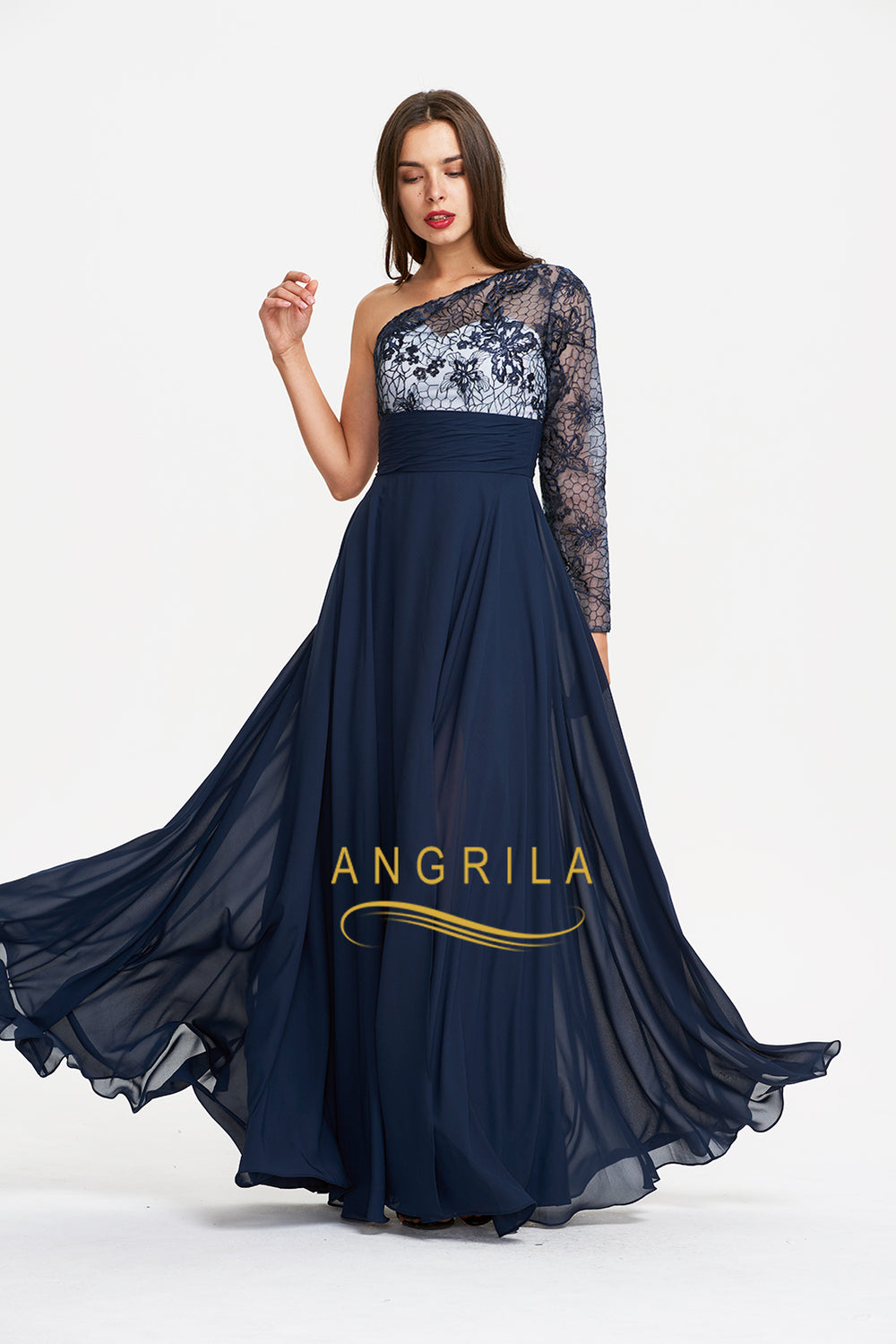 One-Shoulder Long-Sleeve Lace and Chiffon Evening Gown with Slit