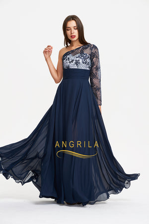Best Selling A-line One Sleeve Chiffon Navy Evening Gown with Lace