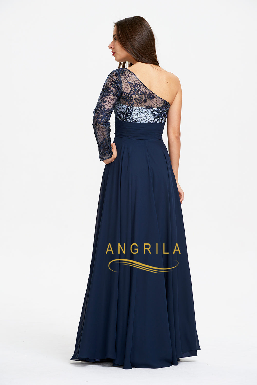 One-Shoulder Long-Sleeve Lace and Chiffon Evening Gown with Slit