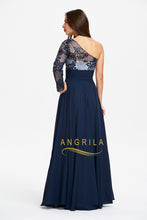 Best Selling A-line One Sleeve Chiffon Navy Evening Gown with Lace