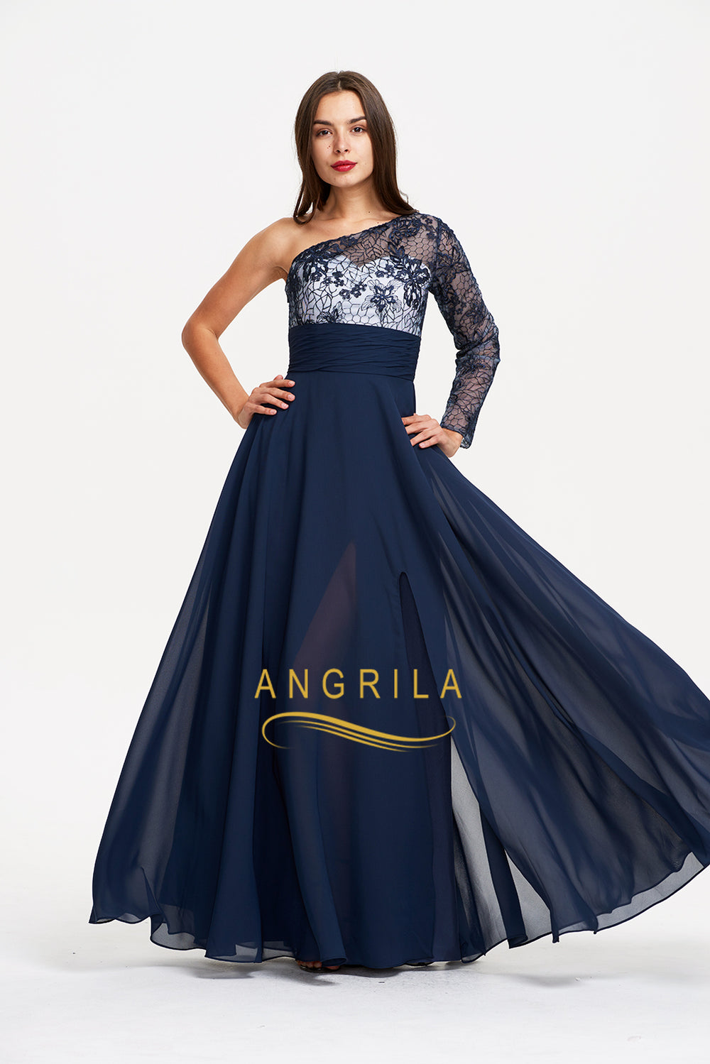 One-Shoulder Long-Sleeve Lace and Chiffon Evening Gown with Slit