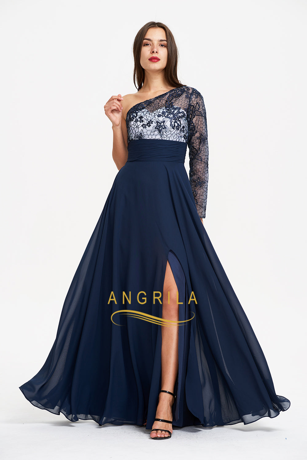 One-Shoulder Long-Sleeve Lace and Chiffon Evening Gown with Slit