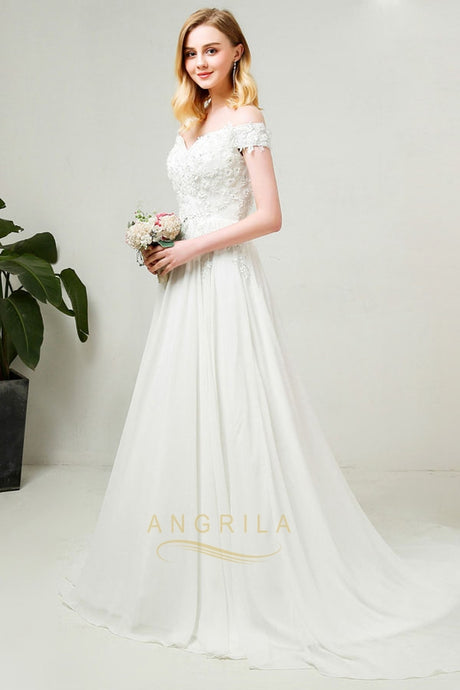A-Line/Princess Off-the-Shoulder Chiffon Wedding Dresses with Lace Appliques