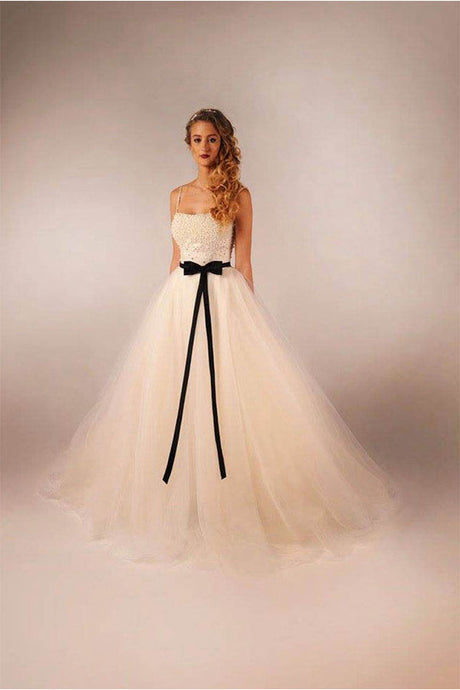 A-line/Princess Spaghetti Straps Beaded Bodice Tulle Vintage Wedding Dresses