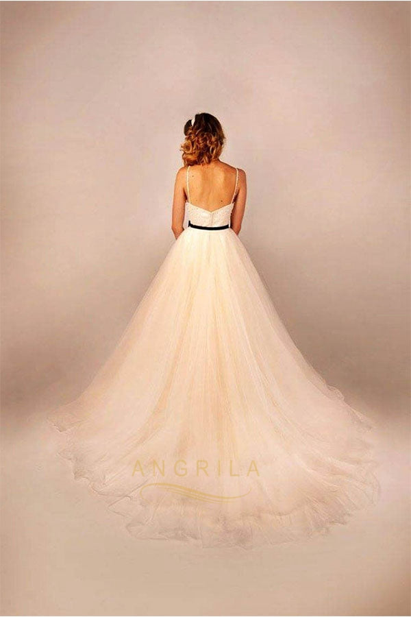 A-line/Princess Spaghetti Straps Beaded Bodice Tulle Vintage Wedding Dresses