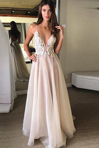 Deep V-Neck Backless Prom Dress with Applique