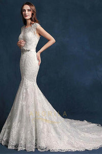 Elegant Mermaid Belt Wedding Dresses with Lace Appliques