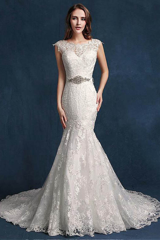 Elegant Mermaid Belt Wedding Dresses with Lace Appliques – Angrila