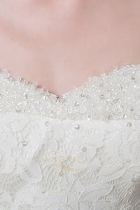 A-line/Princess Off-the-Shoulder Beading Long Lace-up Bridal Wedding Dresses