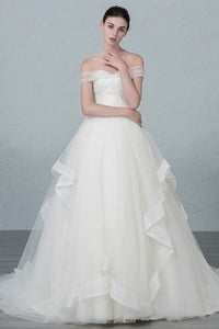 A-line/Princess Off-the-Shoulder Beading Long Lace-up Bridal Wedding Dresses