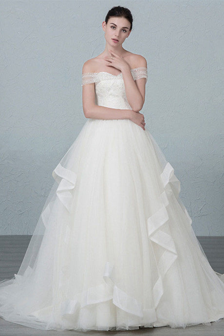 A-line/Princess Off-the-Shoulder Beading Long Lace-up Bridal Wedding Dresses