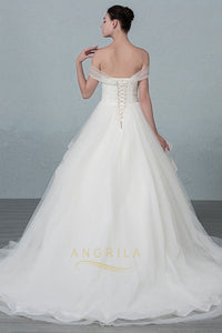 A-line/Princess Off-the-Shoulder Beading Long Lace-up Bridal Wedding Dresses