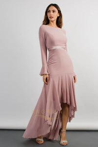 Elegant High-Low Bateau Neckline Wedding Guest Dress with Long Sleeves
