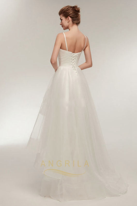 Tiered High-Low Organza A-Line Wedding Dress with Lace-Up Back