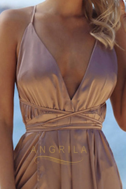 Crisscross-Back Stretch Satin A-Line Prom Dress with High Slit