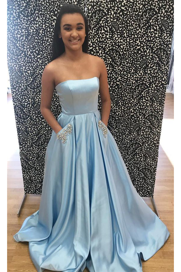 Pleated Satin A-Line Prom Dress with Beaded Pockets