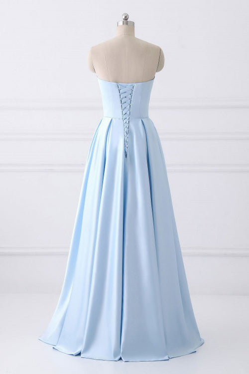 Pleated Satin A-Line Prom Dress with Beaded Pockets