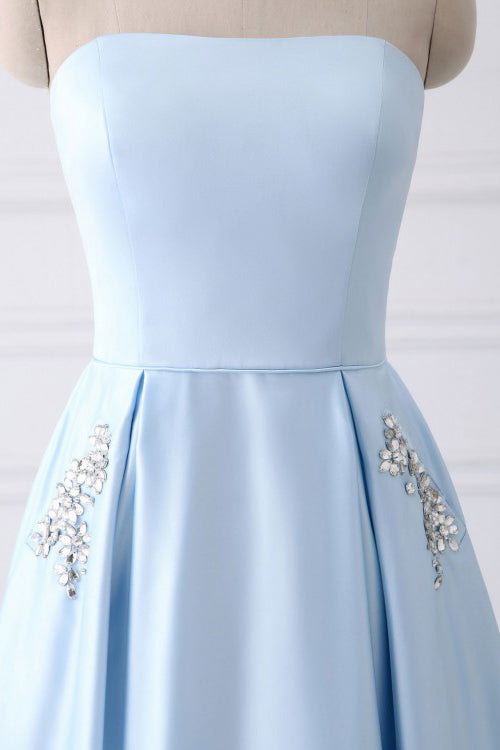 Sky Blue Pleated Satin A-Line Prom Dress with Beaded Pockets