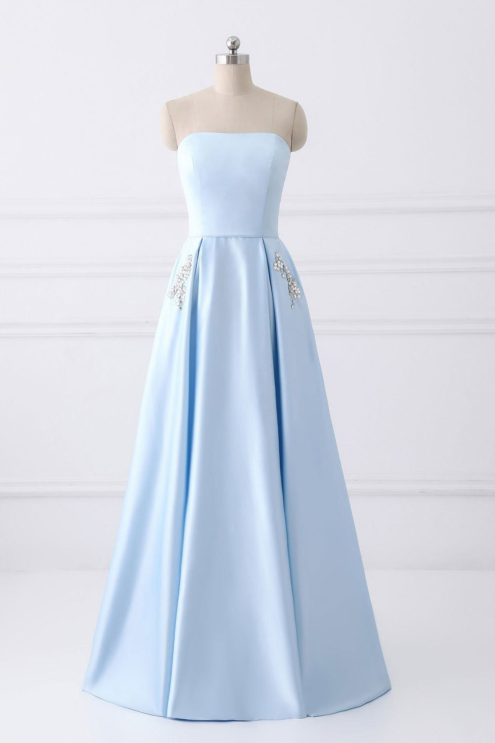 Pleated Satin A-Line Prom Dress with Beaded Pockets