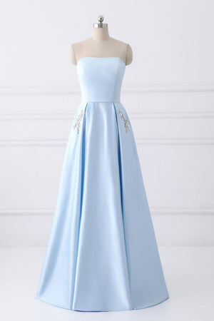 Sky Blue Pleated Satin A-Line Prom Dress with Beaded Pockets