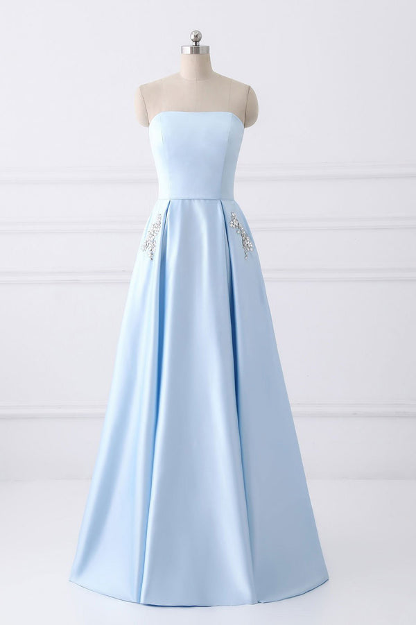 Sky Blue Pleated Satin A-Line Prom Dress with Beaded Pockets