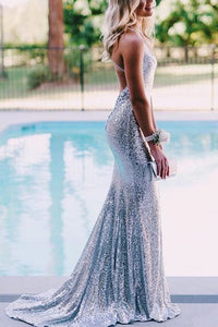 Silver Sequins V Neck Backless Prom Dress with A Sweep Train