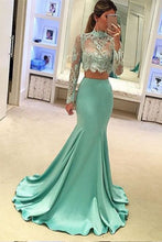 Two Piece Mermaid High Neck Lace Prom Dress with Long Sleeves