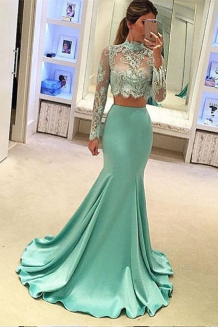 Two Piece Mermaid High Neck Lace Prom Dress with Long Sleeves
