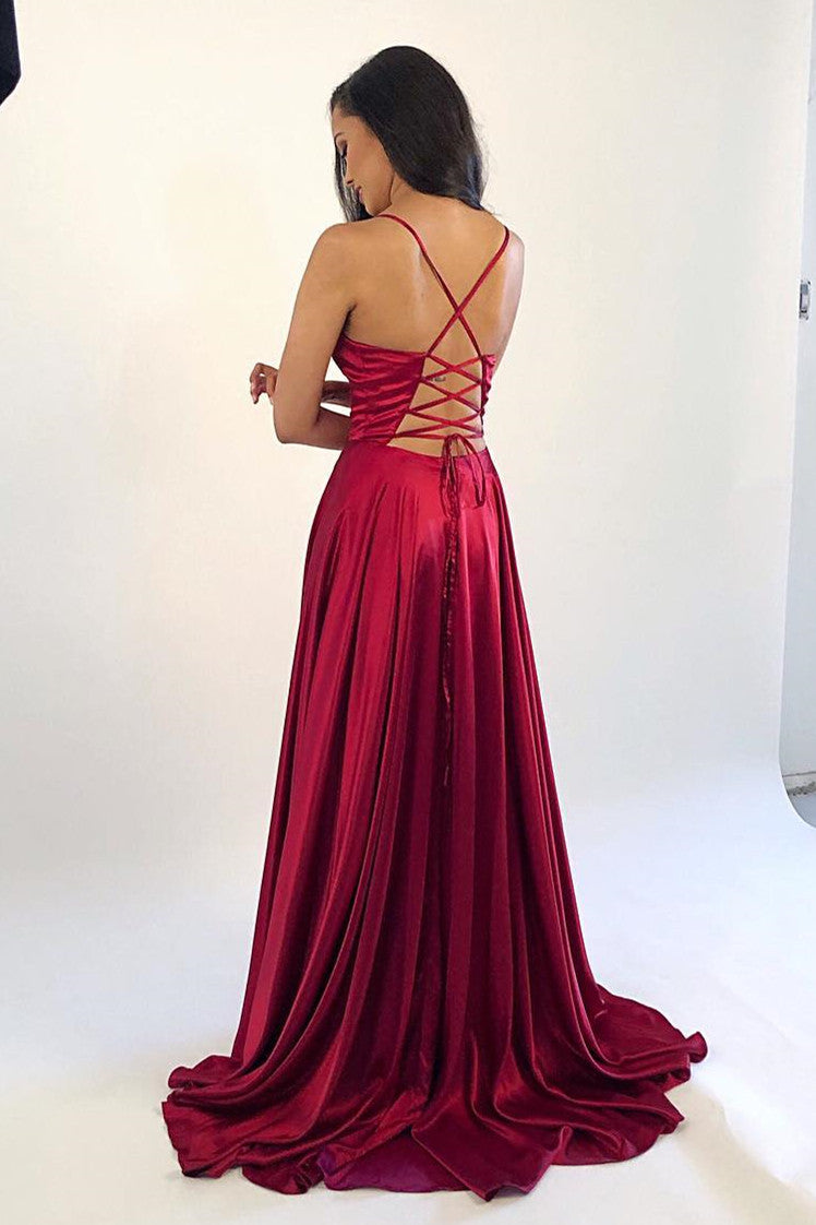 Spaghetti Straps Open Back Prom Dresses with Split – Angrila