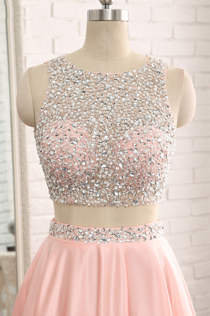 Two-Piece Sequin and Satin A-Line Prom Dress with Keyhole Back