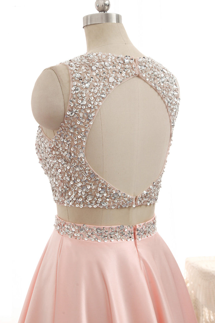 Two-Piece Sequin and Satin A-Line Prom Dress with Keyhole Back