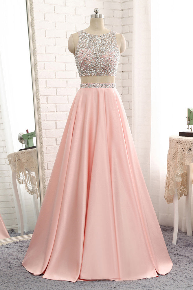 Two-Piece Sequin and Satin A-Line Prom Dress with Keyhole Back