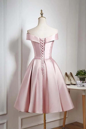 Blushing Pink Off-the-Shoulder Pleated Satin A-Line Homecoming Dress