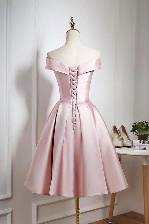 Blushing Pink Off-the-Shoulder Pleated Satin A-Line Homecoming Dress
