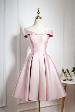 Blushing Pink Off-the-Shoulder Pleated Satin A-Line Homecoming Dress