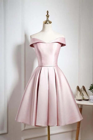 Blushing Pink Off-the-Shoulder Pleated Satin A-Line Homecoming Dress