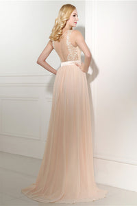 Princess sleeveless Lace Top Long Chiffon Sweep Train Bridesmaid Dresses