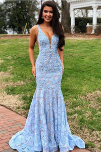 Sleeveless Trumpet/Mermaid Deep V-neck Long Prom Dresses with Open Back